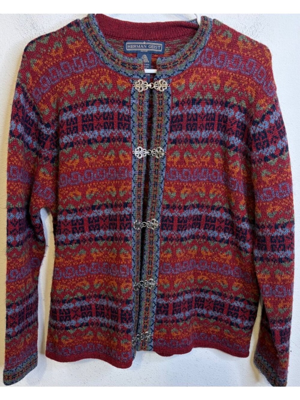 Vintage Herman Geist Sweater Fair Isle 100% Wool  Cardigan Silver Metal Clasp MP